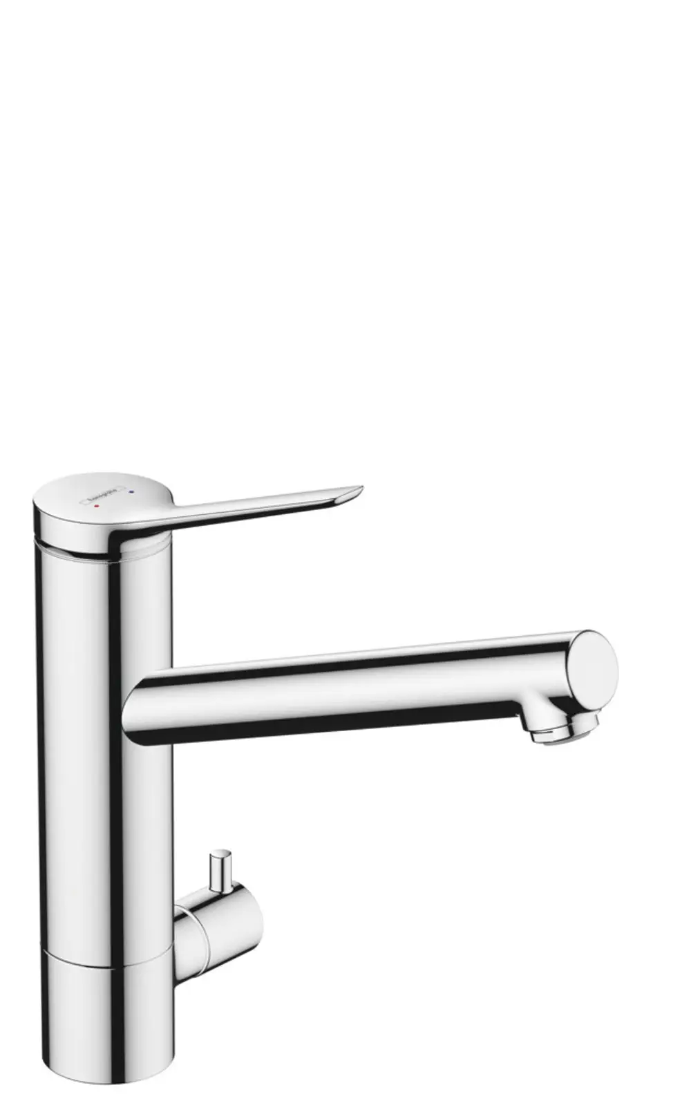 Chromfarbener Spültischmischer von Hansgrohe mit seitlichem Hebel und einem Auslauf. Bietet eine einstellbare Wassermenge und Temperaturregelung.